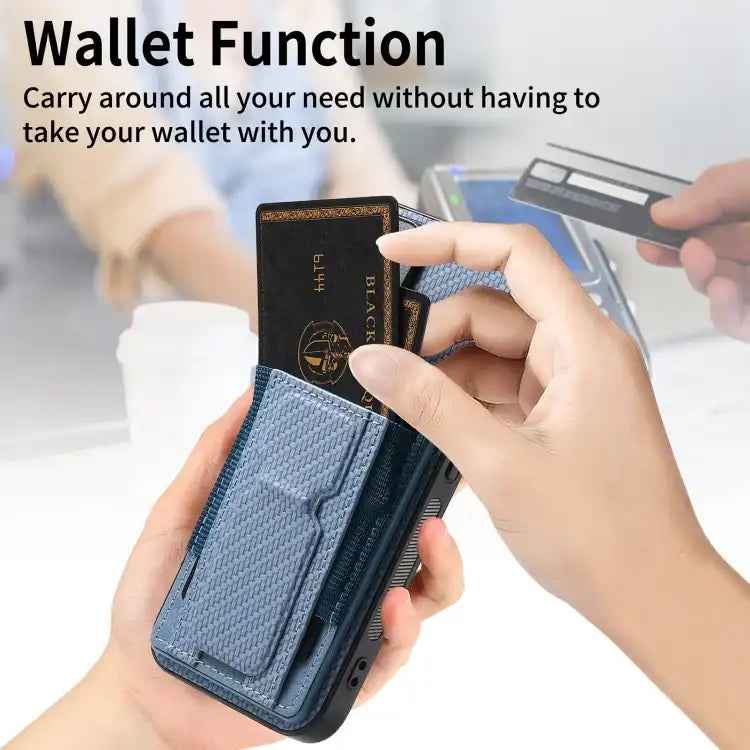 Carbon Fiber Fold Stand Elastic Card Bag Phone Case