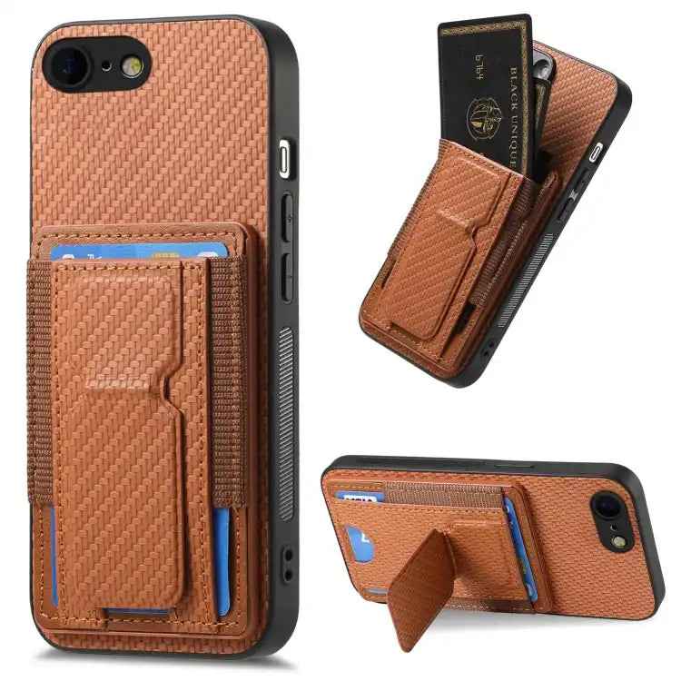 Carbon Fiber Fold Stand Elastic Card Bag Phone Case