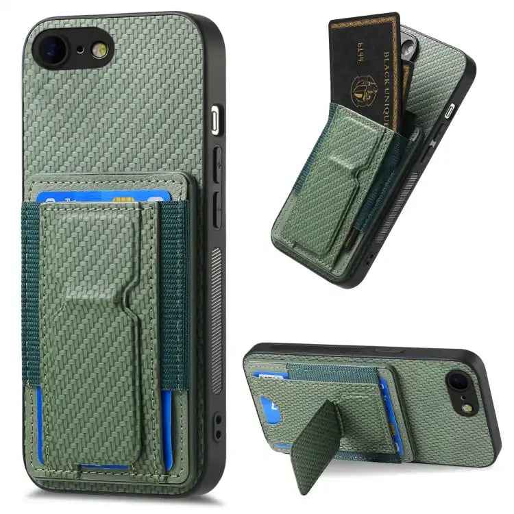 Carbon Fiber Fold Stand Elastic Card Bag Phone Case
