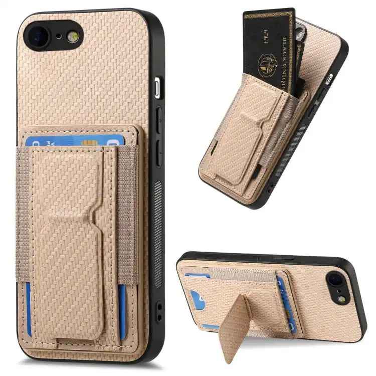 Carbon Fiber Fold Stand Elastic Card Bag Phone Case