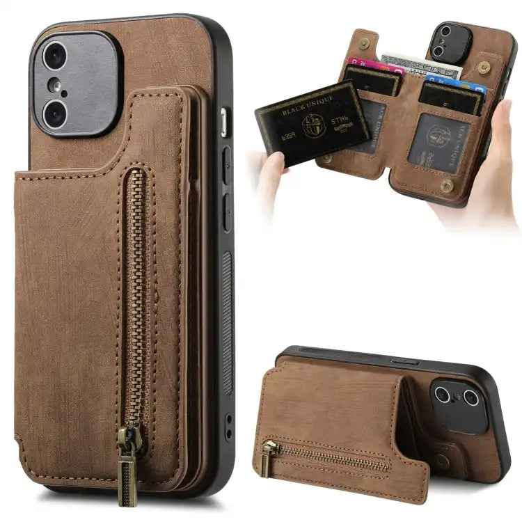 Retro Leather Zipper Wallet Back Phone Case