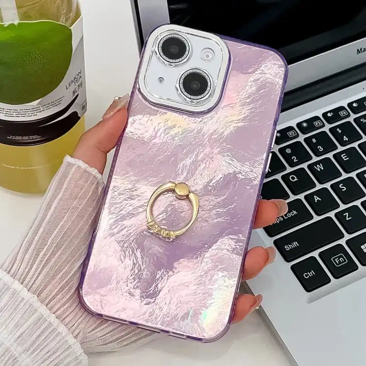 Plating Glitter Texture Ring Holder TPU Phone Case with Lens Film