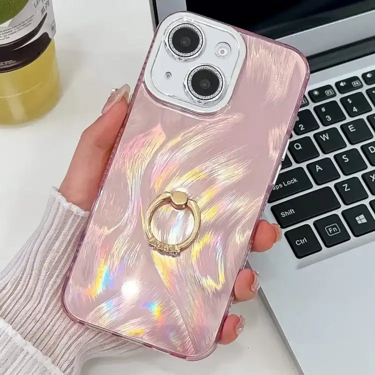 Plating Glitter Texture Ring Holder TPU Phone Case with Lens Film