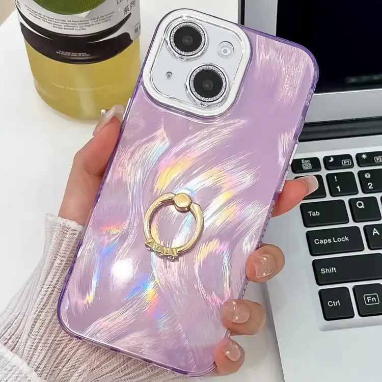 Plating Glitter Texture Ring Holder TPU Phone Case with Lens Film