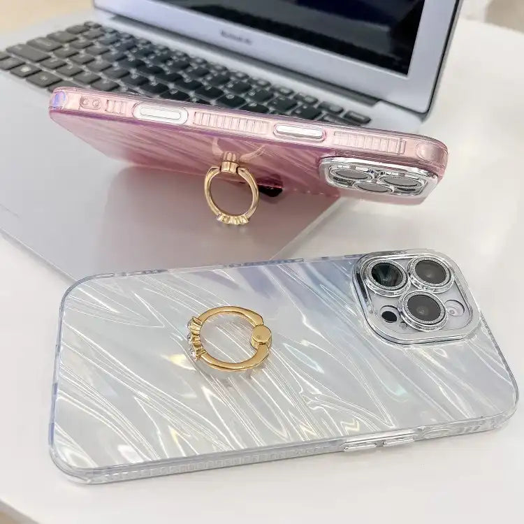 Plating Glitter Texture Ring Holder TPU Phone Case with Lens Film