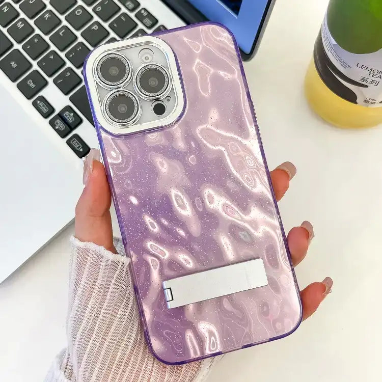 Plating Glitter Texture Fold Holder TPU Phone Case with Lens Film