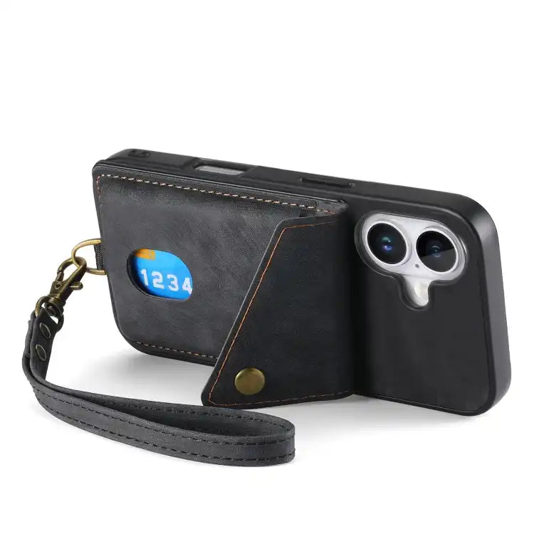 Retro Card Wallet Fold Leather Phone Case with Strap