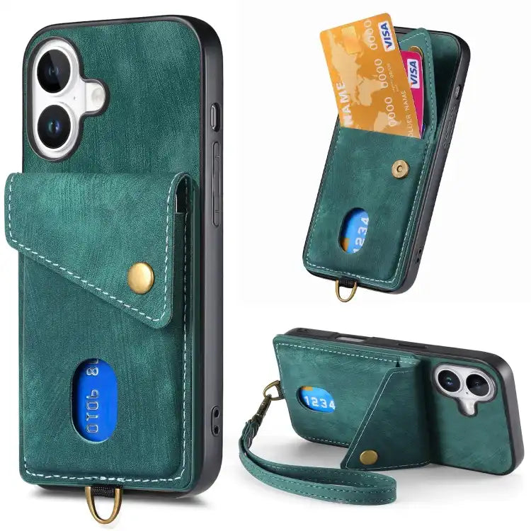 Retro Card Wallet Fold Leather Phone Case with Strap