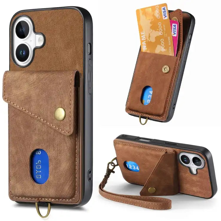 Retro Card Wallet Fold Leather Phone Case with Strap