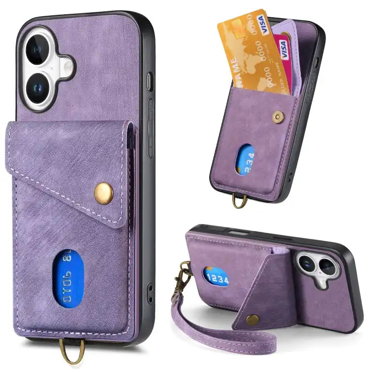Retro Card Wallet Fold Leather Phone Case with Strap
