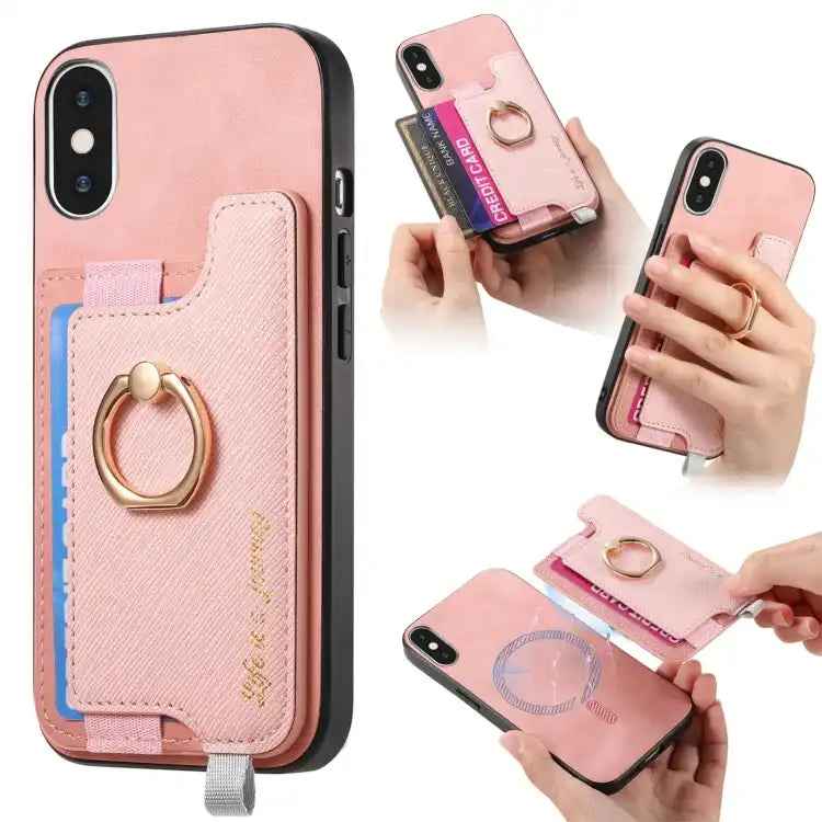 Retro Magsafe Cross Leather Ring Holder Card Bag Phone Case