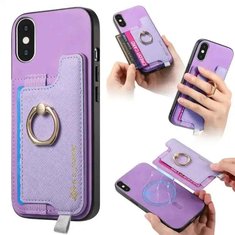 Retro Magsafe Cross Leather Ring Holder Card Bag Phone Case