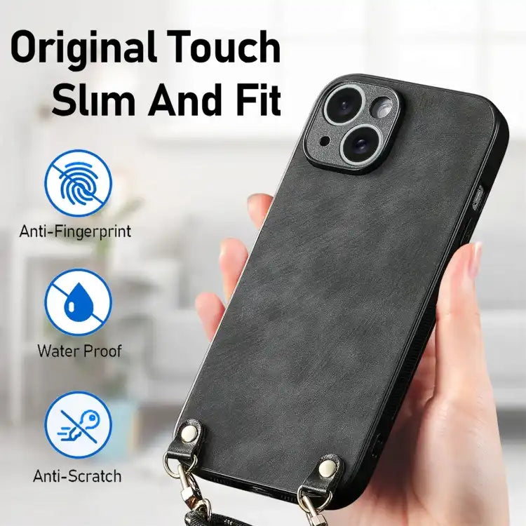 Vintage Leather PC Back Cover Phone Case with Crossbody Strap