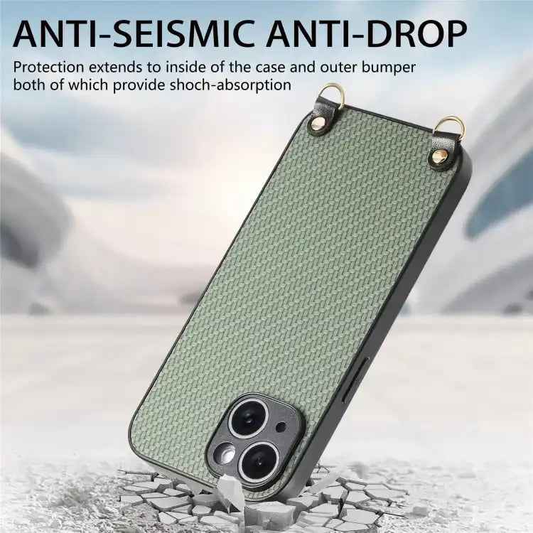 Carbon Fiber Texture Leather Back Phone Case with Crossbody Strap