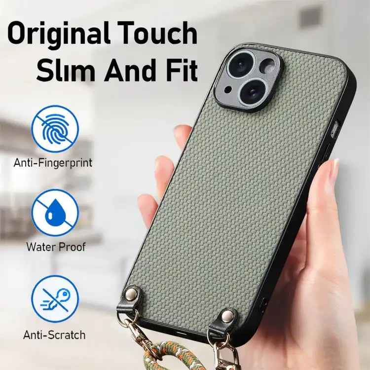 Carbon Fiber Texture Leather Back Phone Case with Crossbody Strap