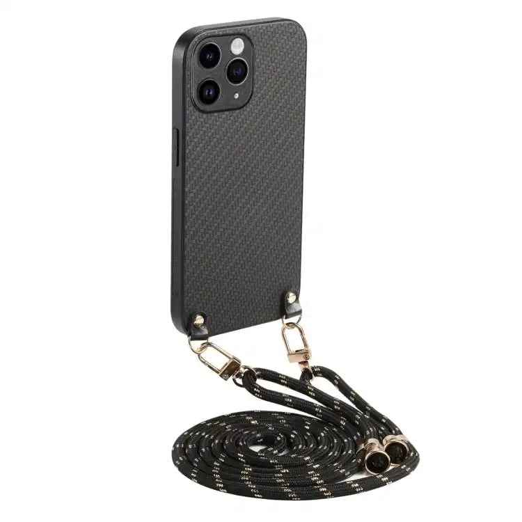 Carbon Fiber Texture Leather Back Phone Case with Crossbody Strap