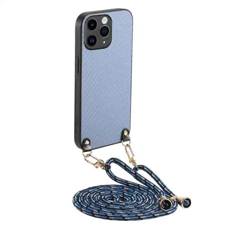 Carbon Fiber Texture Leather Back Phone Case with Crossbody Strap