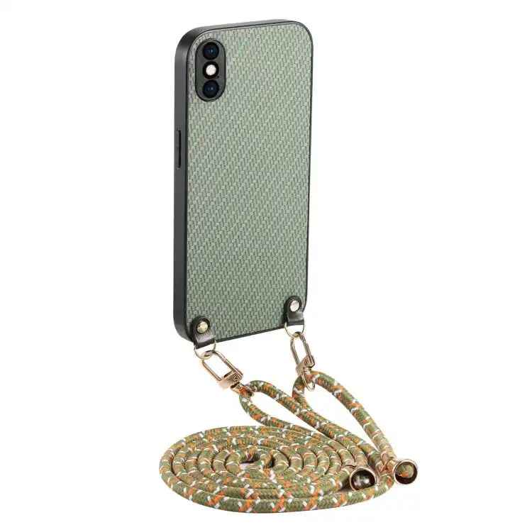 Carbon Fiber Texture Leather Back Phone Case with Crossbody Strap