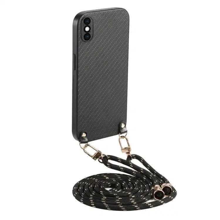Carbon Fiber Texture Leather Back Phone Case with Crossbody Strap
