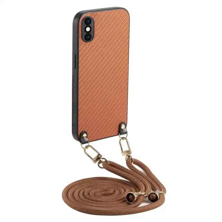 Carbon Fiber Texture Leather Back Phone Case with Crossbody Strap