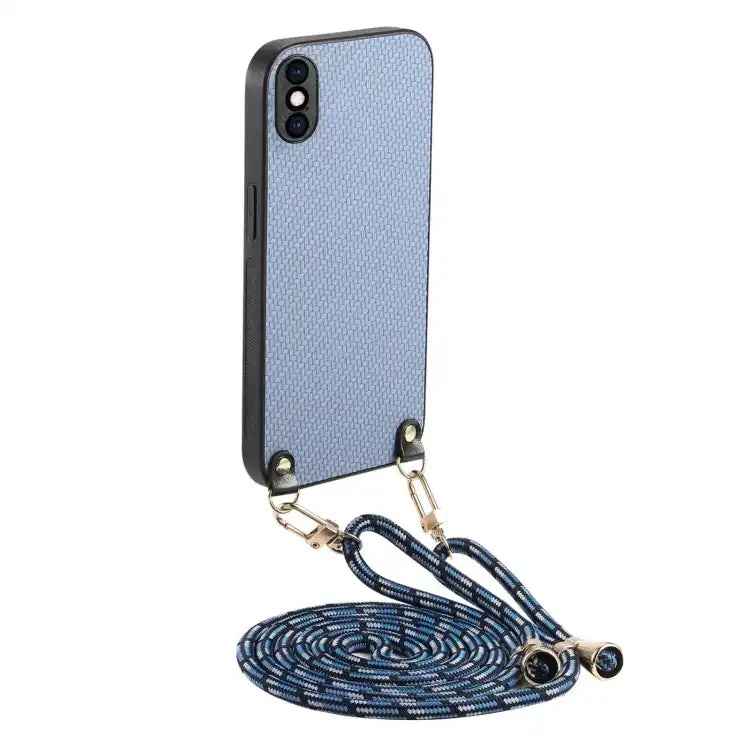 Carbon Fiber Texture Leather Back Phone Case with Crossbody Strap