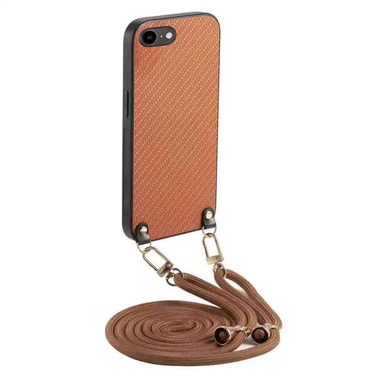 Carbon Fiber Texture Leather Back Phone Case with Crossbody Strap