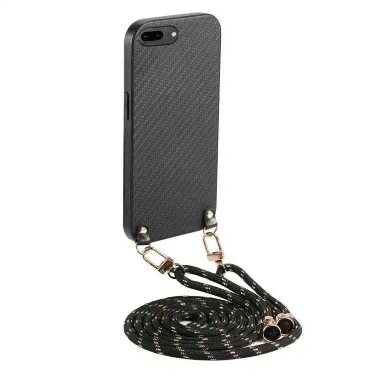 Carbon Fiber Texture Leather Back Phone Case with Crossbody Strap