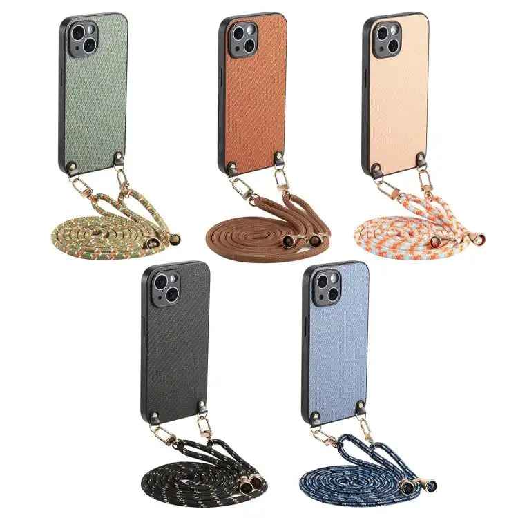 Carbon Fiber Texture Leather Back Phone Case with Crossbody Strap