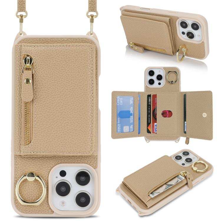 Crossbody Zipper Wallet Ring Holder Litchi Leather Phone Case
