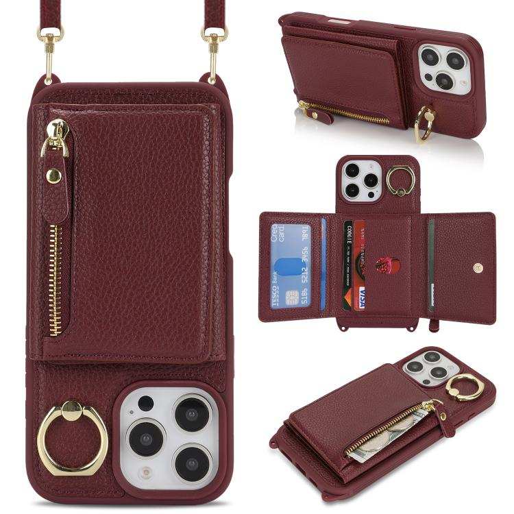 Crossbody Zipper Wallet Ring Holder Litchi Leather Phone Case