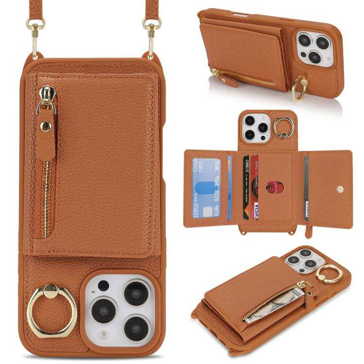 Crossbody Zipper Wallet Ring Holder Litchi Leather Phone Case