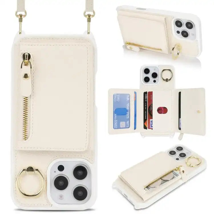 Crossbody Zipper Wallet Ring Holder Litchi Leather Phone Case