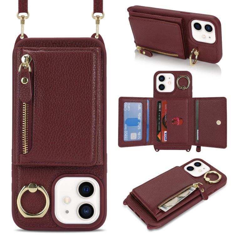 Crossbody Zipper Wallet Ring Holder Litchi Leather Phone Case