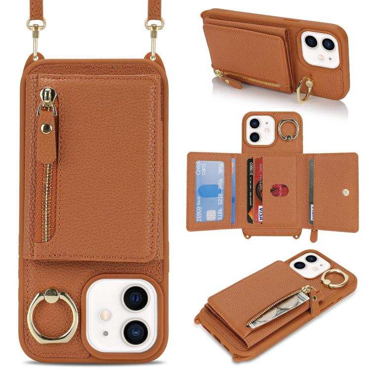 Crossbody Zipper Wallet Ring Holder Litchi Leather Phone Case