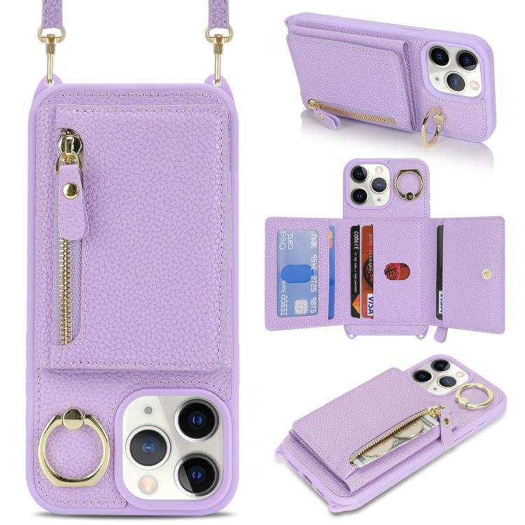 Crossbody Zipper Wallet Ring Holder Litchi Leather Phone Case