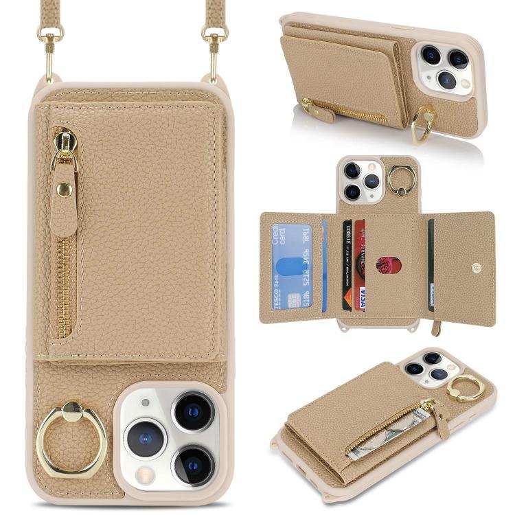 Crossbody Zipper Wallet Ring Holder Litchi Leather Phone Case