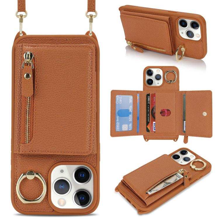 Crossbody Zipper Wallet Ring Holder Litchi Leather Phone Case