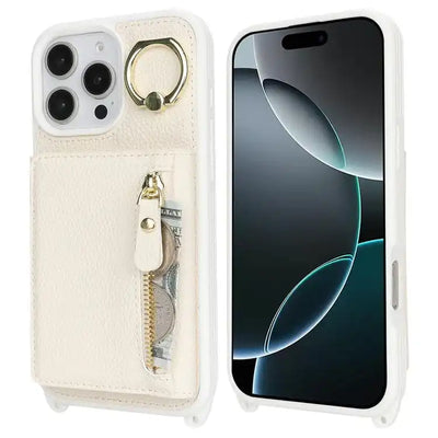 Crossbody Zipper Wallet Ring Holder Litchi Leather Phone Case