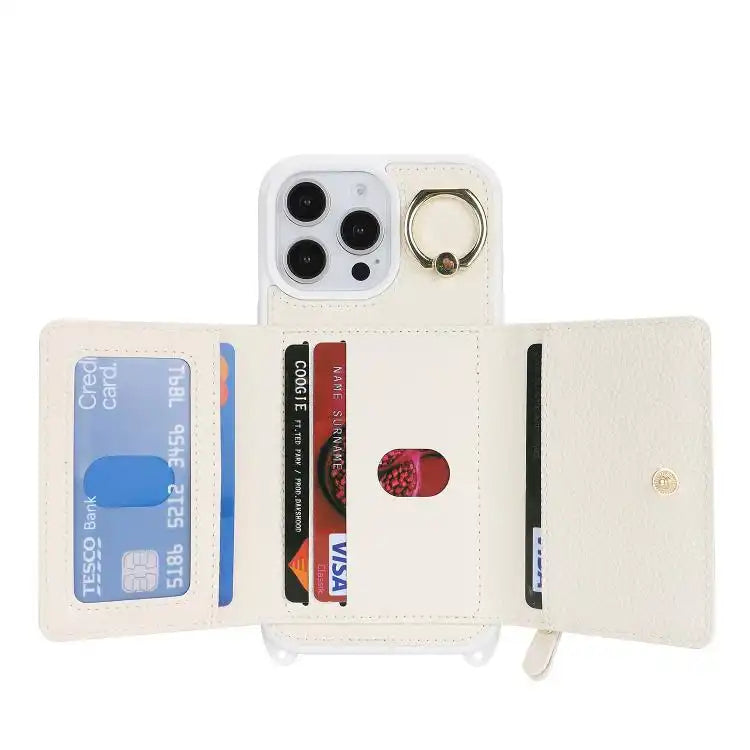 Crossbody Zipper Wallet Ring Holder Litchi Leather Phone Case
