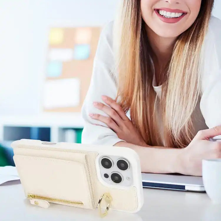 Crossbody Zipper Wallet Ring Holder Litchi Leather Phone Case