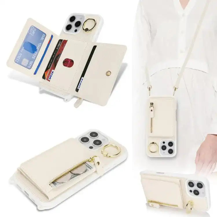 Crossbody Zipper Wallet Ring Holder Litchi Leather Phone Case