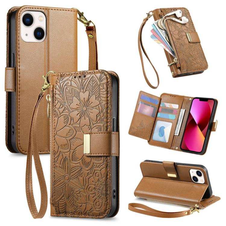 Flowers Leaves Zipper Wallet Leather Phone Case with Strap