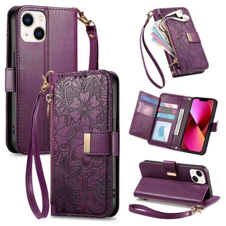 Flowers Leaves Zipper Wallet Leather Phone Case with Strap