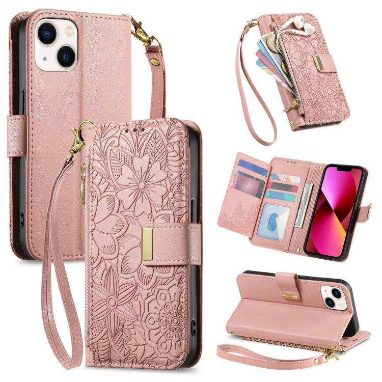 Flowers Leaves Zipper Wallet Leather Phone Case with Strap