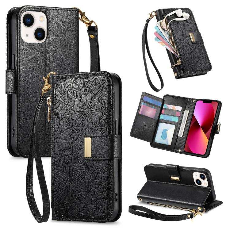 Flowers Leaves Zipper Wallet Leather Phone Case with Strap