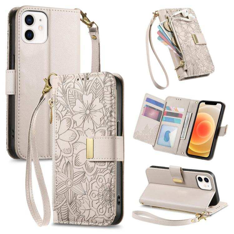 Flowers Leaves Zipper Wallet Leather Phone Case with Strap