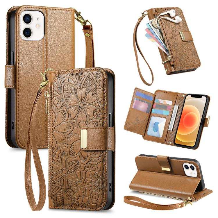 Flowers Leaves Zipper Wallet Leather Phone Case with Strap