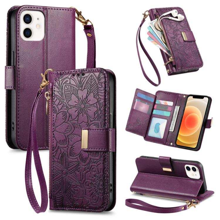 Flowers Leaves Zipper Wallet Leather Phone Case with Strap