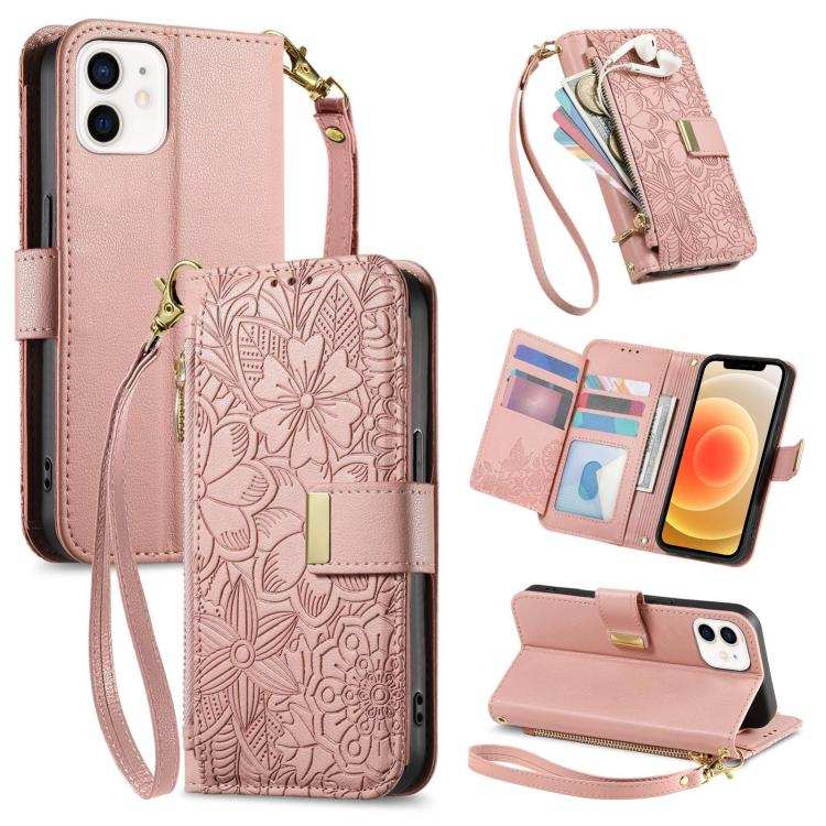Flowers Leaves Zipper Wallet Leather Phone Case with Strap