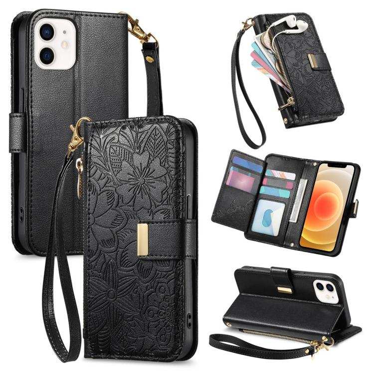 Flowers Leaves Zipper Wallet Leather Phone Case with Strap